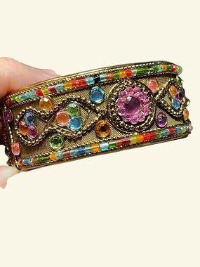 Vintage Intricate Multicolor Rhinestone Hinged Boho Bangle Brassy-Gold Bracelet